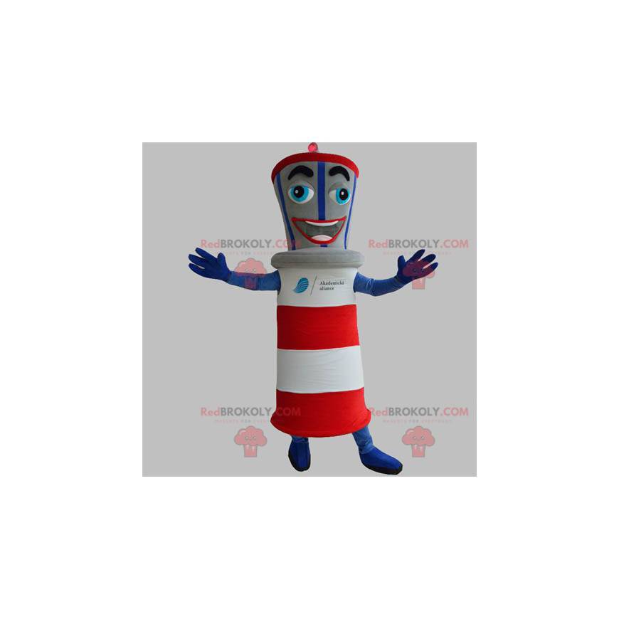 Mascote farol gigante azul vermelho cinza e branco -
