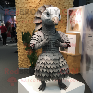 Gray Pangolin mascot costume character dressed with a Mini Dress and Cummerbunds