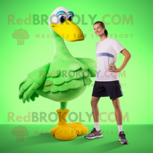 Lime Green Swan mascot costume character dressed with a Cargo Shorts and Foot pads