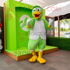 Lime Green Swan mascot costume character dressed with a Cargo Shorts and Foot pads