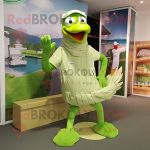 Lime Green Swan mascot costume character dressed with a Cargo Shorts and Foot pads