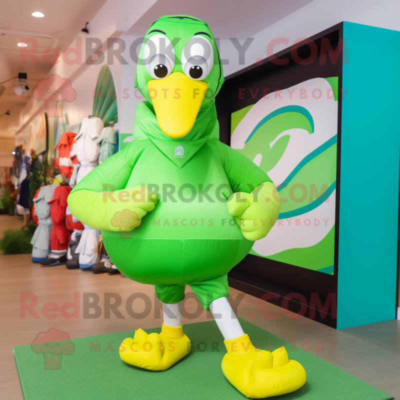 Lime Green Swan mascot costume character dressed with a Cargo Shorts and Foot pads