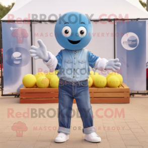 Sky Blue Petanque Ball mascot costume character dressed with a Boyfriend Jeans and Bracelets