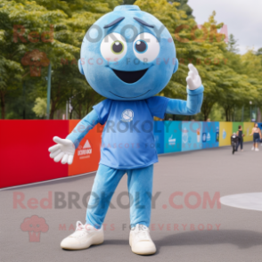 Sky Blue Petanque Ball mascot costume character dressed with a Boyfriend Jeans and Bracelets
