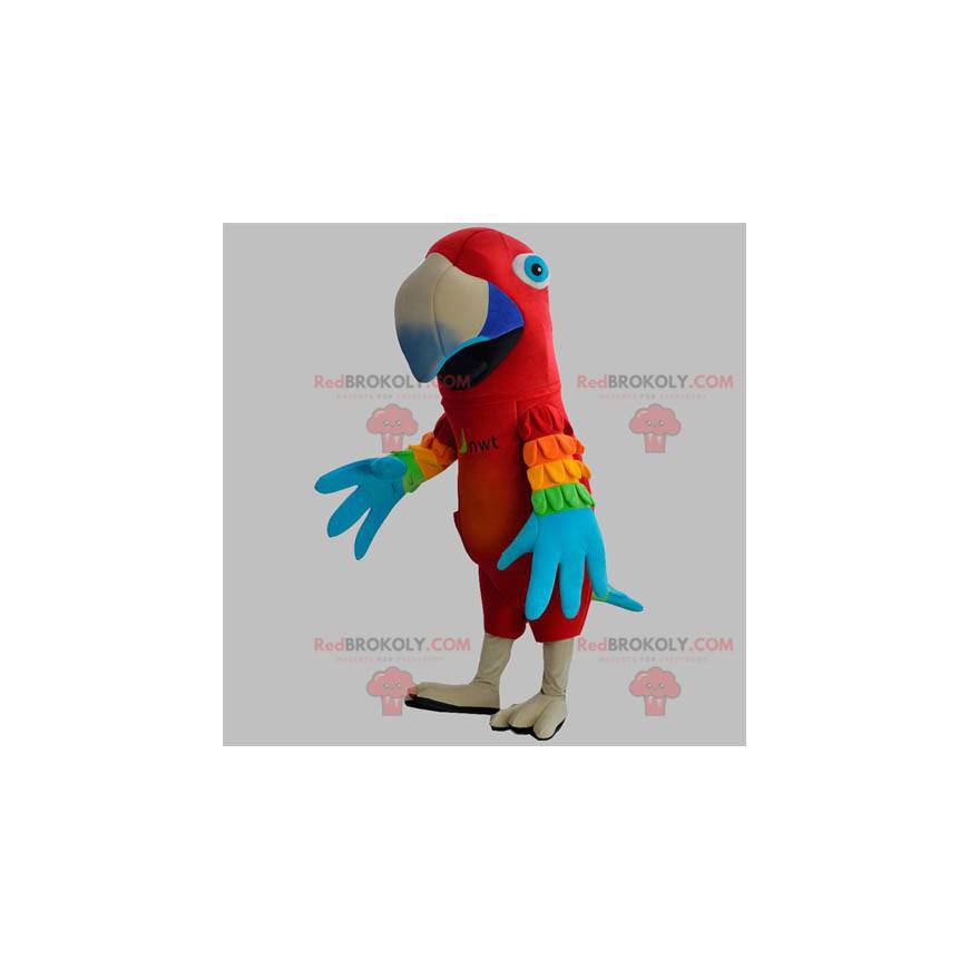 Rotes Papageienmaskottchen mit bunten Flügeln - Redbrokoly.com