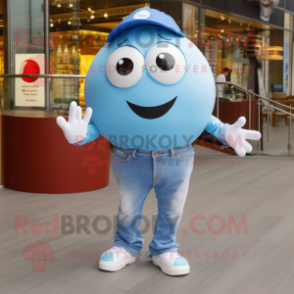Sky Blue Petanque Ball mascot costume character dressed with a Boyfriend Jeans and Bracelets