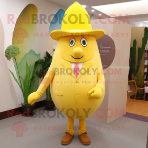 Yellow Apricot mascot costume character dressed with a Coat and Pocket squares