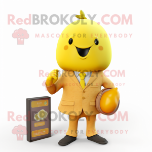 Yellow Apricot mascot costume character dressed with a Coat and Pocket squares