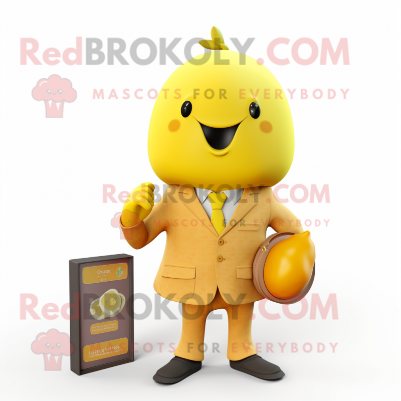 Yellow Apricot mascot costume character dressed with a Coat and Pocket squares