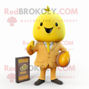 Yellow Apricot mascot costume character dressed with a Coat and Pocket squares