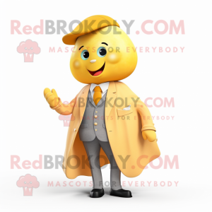 Yellow Apricot mascot costume character dressed with a Coat and Pocket squares
