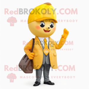 Yellow Apricot mascot costume character dressed with a Coat and Pocket squares