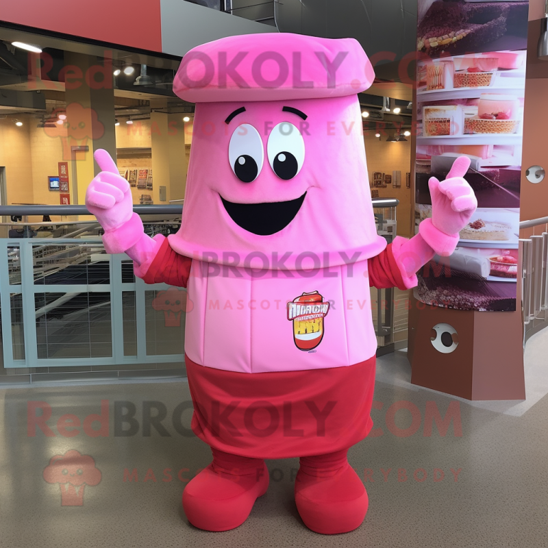 Pink Lasagna mascot costume character dressed with a Bodysuit and Hat pins Pink Lasagna mascot costume character dressed with a Bodysuit and Hat pins