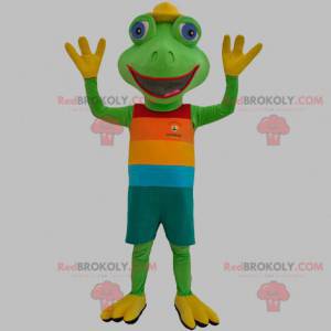 Mascotte rana verde vestita con un abito colorato -