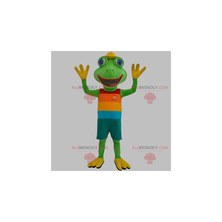 Green frog mascot dressed in a colorful outfit - Redbrokoly.com