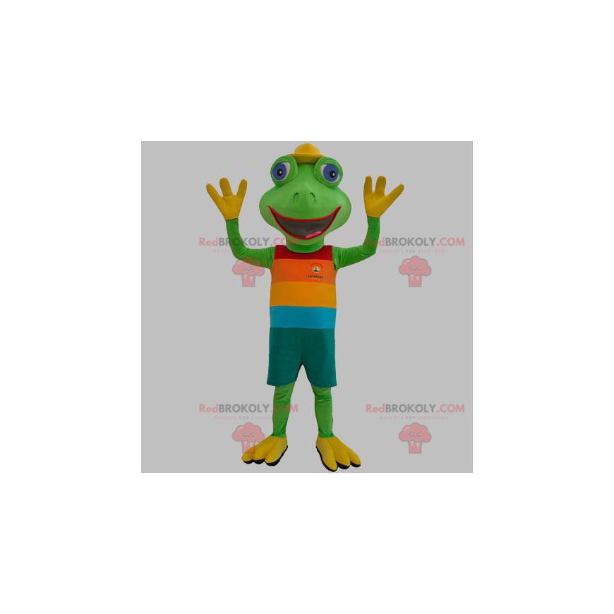 Mascotte de grenouille verte habillée d'une tenue colorée -