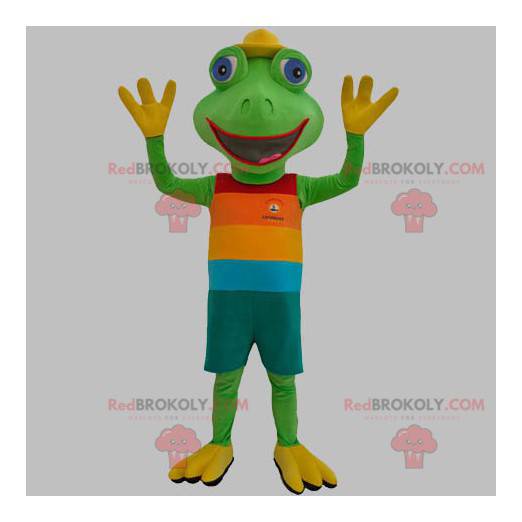 Grønn froskmaskot kledd i et fargerikt antrekk - Redbrokoly.com