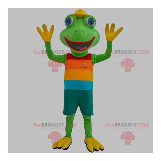 Mascote sapo verde vestido com uma roupa colorida -