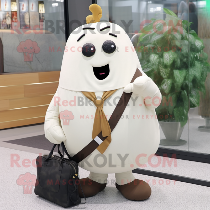 White Potato mascot costume character dressed with a Coat and Briefcases White Potato mascot costume character dressed with a Coat and Briefcases
