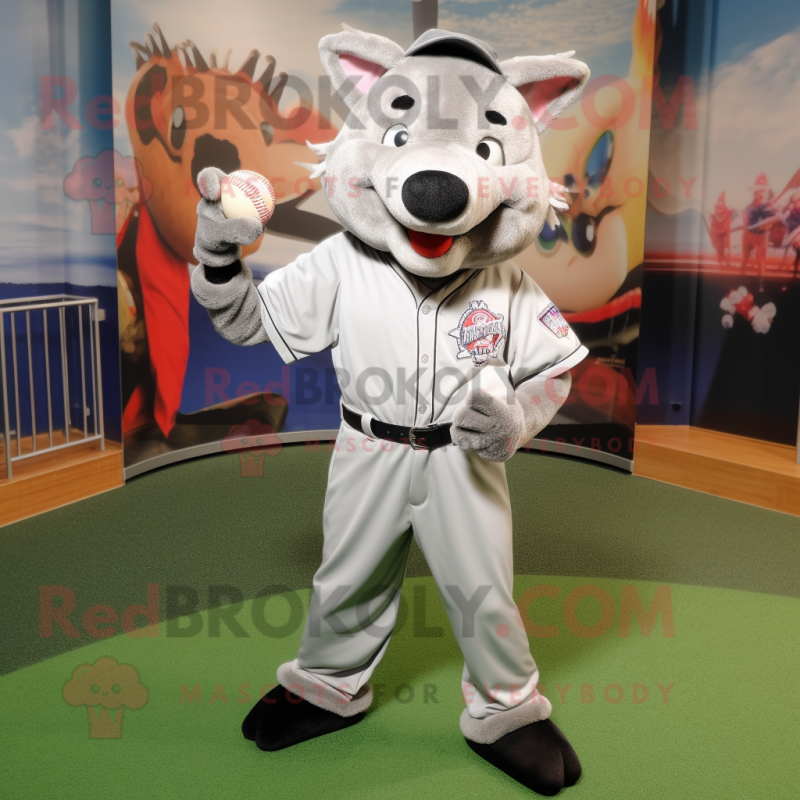 Silver Wild Boar mascot costume character dressed with a Baseball Tee and Keychains Silver Wild Boar mascot costume character dressed with a Baseball Tee and Keychains