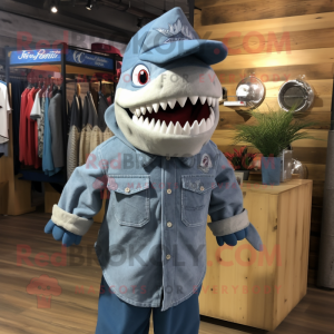 Silver Shark mascot costume character dressed with a Chambray Shirt and Headbands