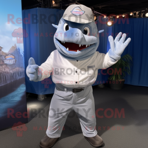 Silver Shark mascot costume character dressed with a Chambray Shirt and Headbands