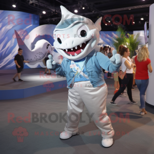 Silver Shark mascot costume character dressed with a Chambray Shirt and Headbands