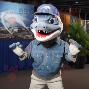 Silver Shark mascot costume character dressed with a Chambray Shirt and Headbands