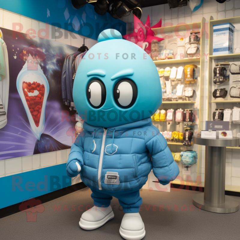 Sky Blue Grenade mascot costume character dressed with a Hoodie and Brooches Sky Blue Grenade mascot costume character dressed with a Hoodie and Brooches