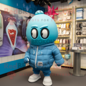 Sky Blue Grenade mascot costume character dressed with a Hoodie and Brooches