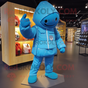 Sky Blue Grenade mascot costume character dressed with a Hoodie and Brooches