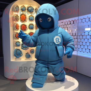 Sky Blue Grenade mascot costume character dressed with a Hoodie and Brooches