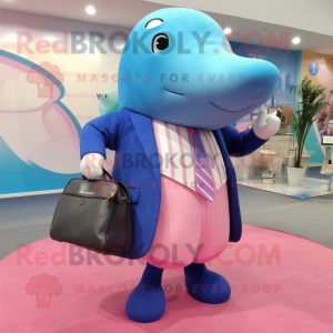 Pink Blue Whale mascot costume character dressed with a Dress Pants and Handbags