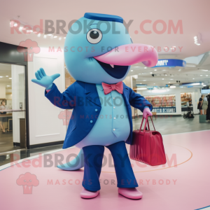 Pink Blue Whale mascot costume character dressed with a Dress Pants and Handbags