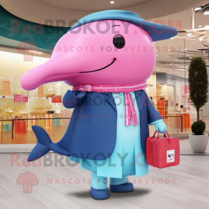 Pink Blue Whale mascot costume character dressed with a Dress Pants and Handbags