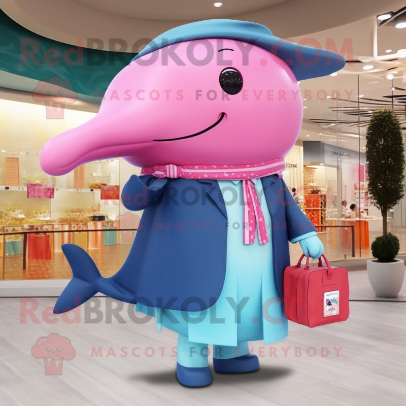 Pink Blue Whale mascot costume character dressed with a Dress Pants and Handbags Pink Blue Whale mascot costume character dressed with a Dress Pants and Handbags
