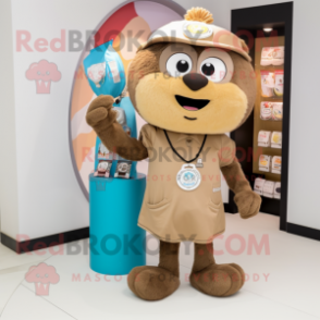 Tan Pendant mascot costume character dressed with a Graphic Tee and Coin purses