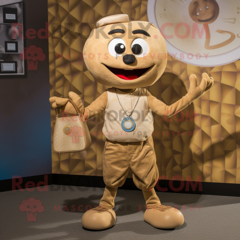 Tan Pendant mascot costume character dressed with a Graphic Tee and Coin purses Tan Pendant mascot costume character dressed with a Graphic Tee and Coin purses