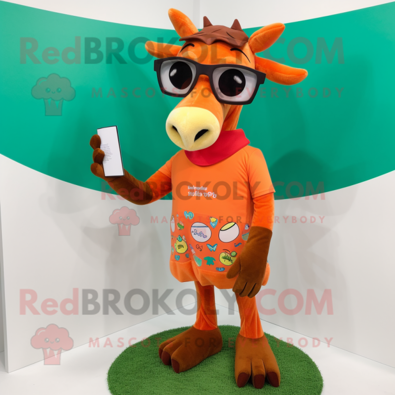 Orange Okapi mascot costume character dressed with a Bermuda Shorts and Reading glasses Orange Okapi mascot costume character dressed with a Bermuda Shorts and Reading glasses