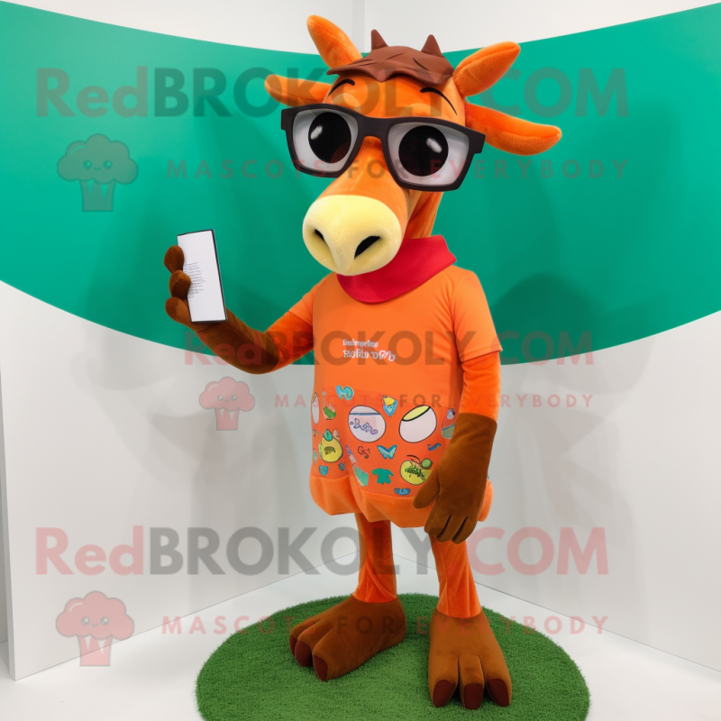 Orange Okapi mascot costume character dressed with a Bermuda Shorts and Reading glasses