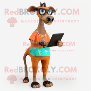 Orange Okapi mascot costume character dressed with a Bermuda Shorts and Reading glasses