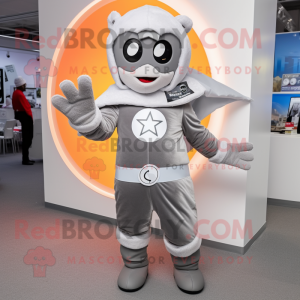 Gray Superhero mascot costume character dressed with a Parka and Mittens