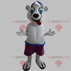 Polar bear mascot sticking out its tongue with a swimsuit -