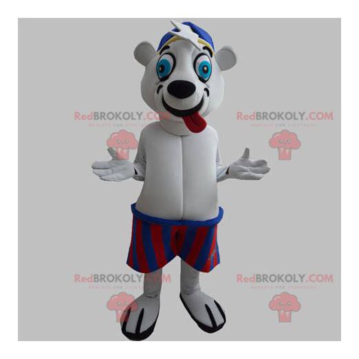 Polar bear mascot sticking out its tongue with a swimsuit -