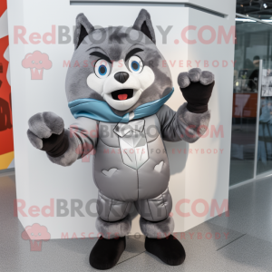 Gray Superhero mascot costume character dressed with a Parka and Mittens