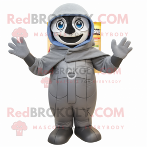 Gray Superhero mascot costume character dressed with a Parka and Mittens