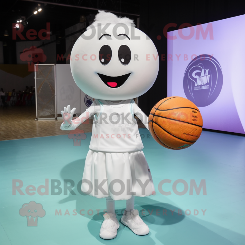 White Basketball Ball mascot costume character dressed with a Blouse and Earrings White Basketball Ball mascot costume character dressed with a Blouse and Earrings