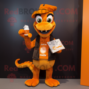 Orange Hydra mascot costume character dressed with a Vest and Wallets