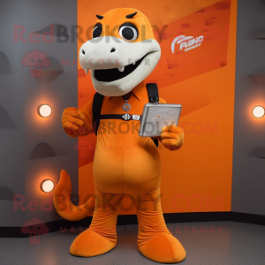 Orange Hydra mascot costume character dressed with a Vest and Wallets