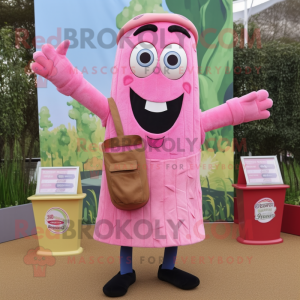 Pink Pesto Pasta mascot costume character dressed with a Dungarees and Clutch bags